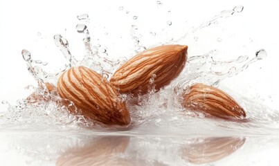 Splashing Almonds in Water with Droplets on White Background