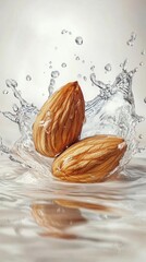 Fresh Almonds Splashed in Clear Water with Beautiful Water Droplets