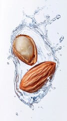 Fresh Almonds Splashing in Water with Dynamic Motion and Texture