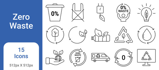 Zero Waste Icon Set &ndash; Recycling, Composting, Reuse, Eco-Friendly, Sustainable Living, Green Lifestyle Icons
