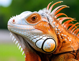 Obraz premium Vivid Iguana Observing Nature Tropical Rainforest Wildlife Photography Lush Environment Close-Up Iguana's Colorful Display