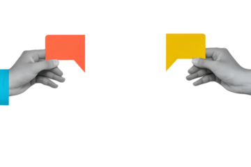 Hands holds a speech bubbles with a copy space in a modern collage style. Dialogue concept