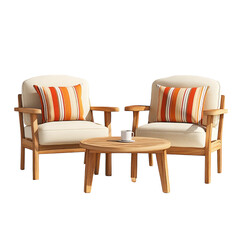 Obraz premium A wooden outdoor furniture set consisting of two armchairs and one coffee table, decorated with striped cushions in warm colors on a white background. transparent, alpha background png