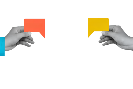 Hands holds a speech bubbles with a copy space in a modern collage style. Dialogue concept