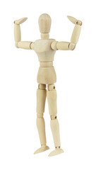 wooden man, wooden mannequin showing biceps isolated from background