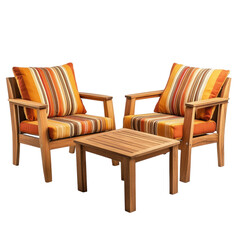 Obraz premium A wooden outdoor furniture set consisting of two armchairs and one coffee table, decorated with striped cushions in warm colors on a white background. transparent, alpha background png