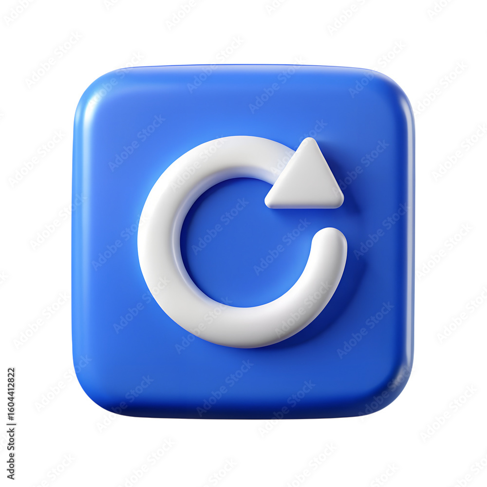 Poster blue square icon with white circular arrow and triangle for refresh or reload isolated on transparen