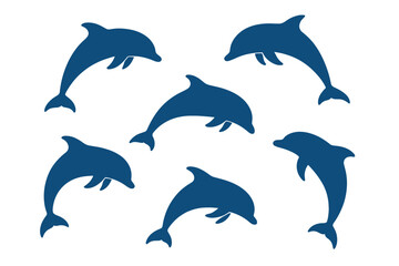 Fototapeta premium Dolphin silhouette set. Blue vector icon collection. Ocean sea animal. Marine wildlife mammal. Aquatic nature fauna. Jumping swimming fish. Logo element design. Isolated.