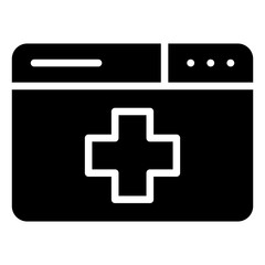 Medical Website Glyph Black Silhouette Icon Vector Design - Web browser window with a medical cross, representing an online health platform or service portal