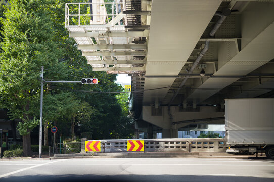 Urban Underpass Scene with Truck and Traffic Light &ndash; Tokyo, Japan