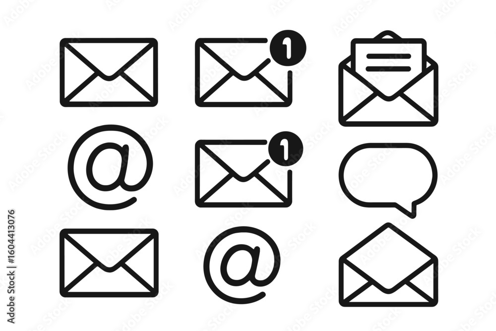 Poster email icons vector set. black and white envelope symbols with notification alerts. at symbol, inbox,