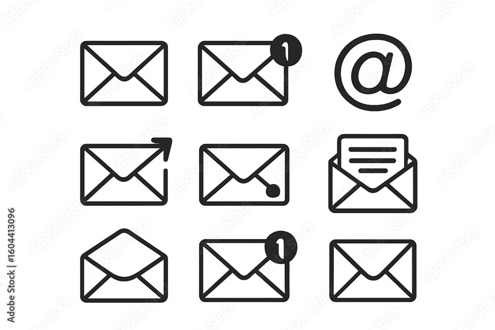 Poster email icon set vector graphic. black and white envelope symbols for communication and digital messag