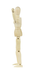 wooden man, wooden mannequin showing biceps isolated from background