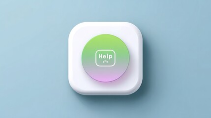 A white square button with a circular gradient center displaying a green-purple "Help" icon with a speech bubble on a light blue background.