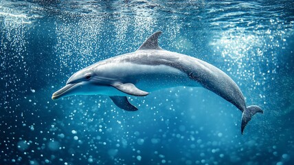 Obraz premium A dolphin glides through clear blue water, displaying agility and grace while sunlight filters down.