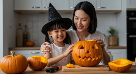 Halloween pumpkin carving activity with child home kitchen family bonding cozy atmosphere intimate viewpoint creative tradition