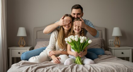 Family surprise celebration cozy bedroom emotional photography indoor setting heartwarming view joyful moments with flowers