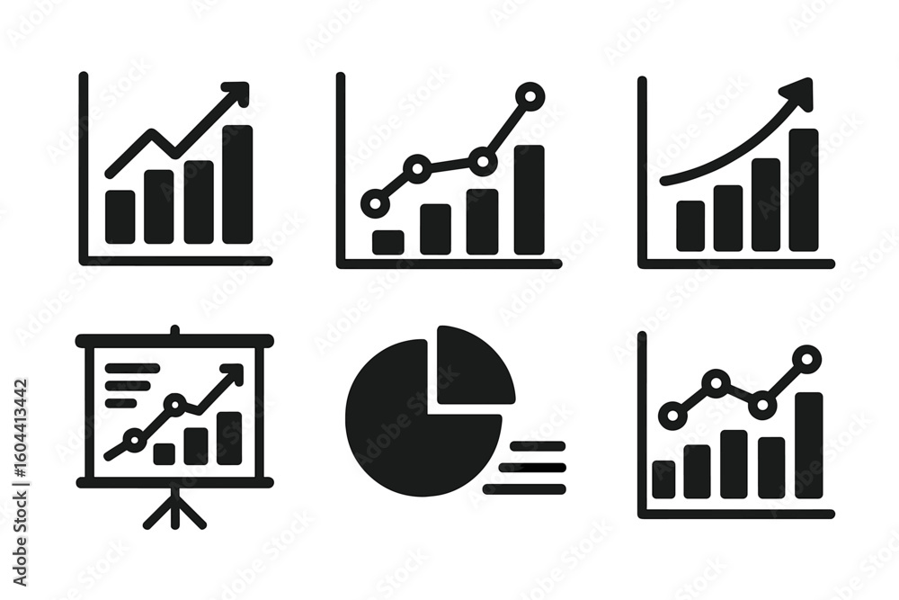 Poster graph chart analytic icon set for business. growth trends and statistical data for performance metri
