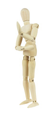 wooden man, wooden mannequin, pushing away gesture with hands, isolated on background