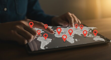 Hands interacting with tablet showing world map with many red location pins for global planning