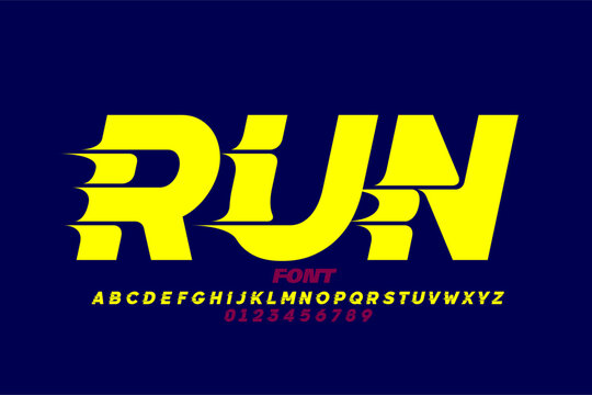 RUN. Sport style font design, alphabet letters and numbers vector illustration