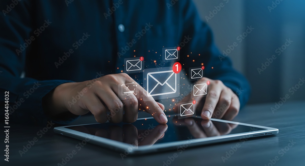 Aufkleber person touching tablet screen with email icons signifying digital communication and message notifica