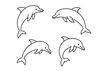 Naklejka premium Dolphin line art vector set. Cute cartoon marine animal characters. Playful ocean wildlife icon collection. Simple minimalist outline graphic illustration for logo design.