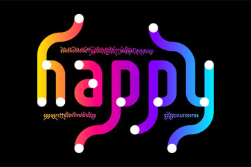Happy. Playful colorful childish style font design, alphabet letters and numbers vector illustration