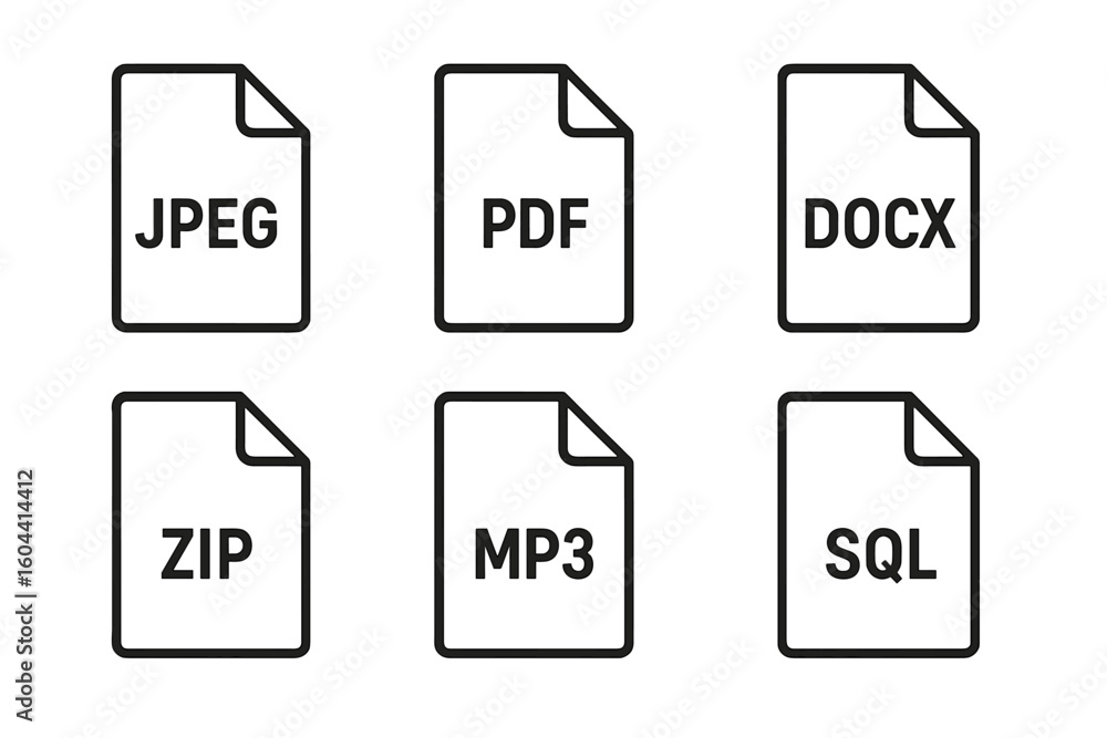 Poster file type vector icon set. collection of common file format extensions. includes jpeg, pdf, docx, zi