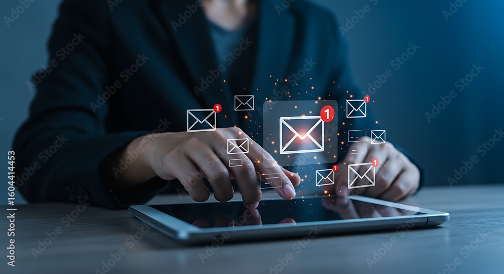 Poster person interacting with email notifications on a tablet representing digital communication and conne