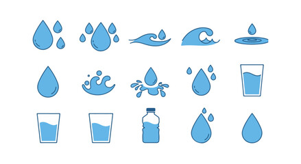 Water icon pack, liquid and drink icon set, droplets, waves, and water glass icons 