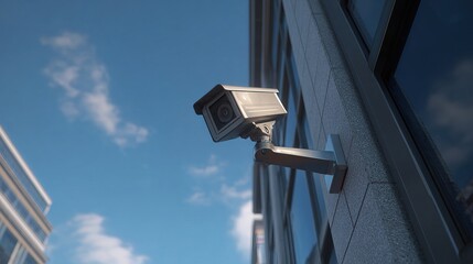Smart security camera mounted on modern building exterior, clear sky