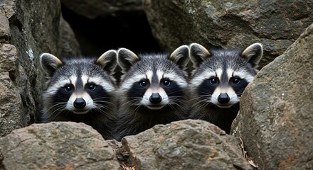 Raccoons peeking from rocky crevice