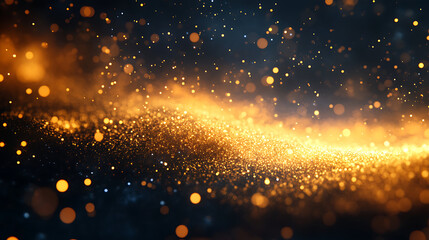 Fototapeta premium Golden dust particles floating gently in dark space create magical glowing wave with warm light and sparkling bokeh effect