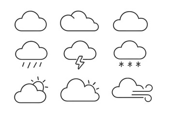 Weather line icon set. Simple outline symbols collection. Cloud, sun, rain, snow, wind, storm forecast. Vector illustration for web, app, logo, print on transparent background.