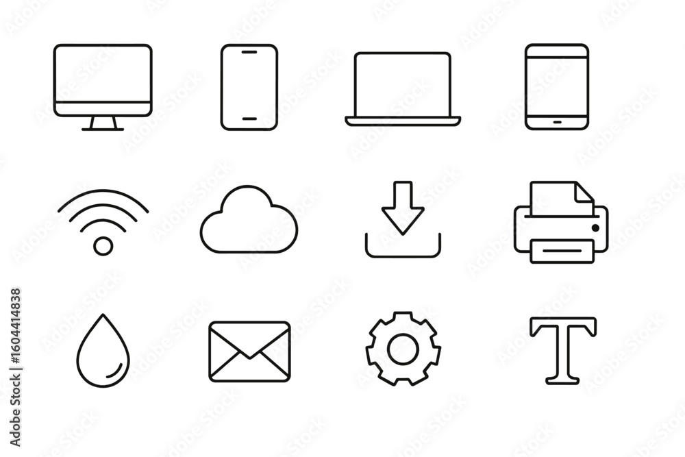 Fototapete Technology and communication line icon set. Vector symbols for web and mobile UI. Minimalist outline collection with computer, phone, cloud, wifi, mail, and print icons.