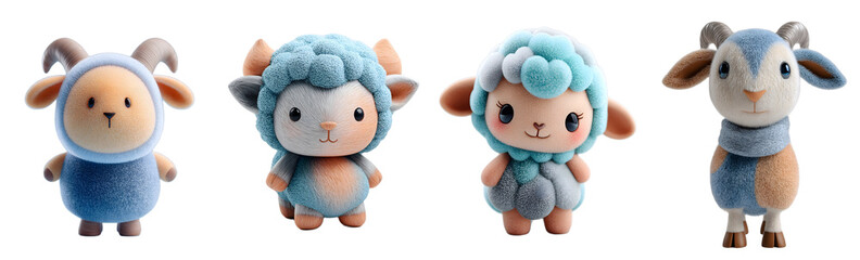 Pack of cute cartoon sheep stand. Adorable animals, fluffy, digital art, soft, pastel colors, mascot, kawaii style, sweet, 3D render.