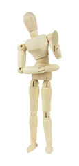 wooden man, wooden mannequin, pushing away gesture with hands, isolated on background