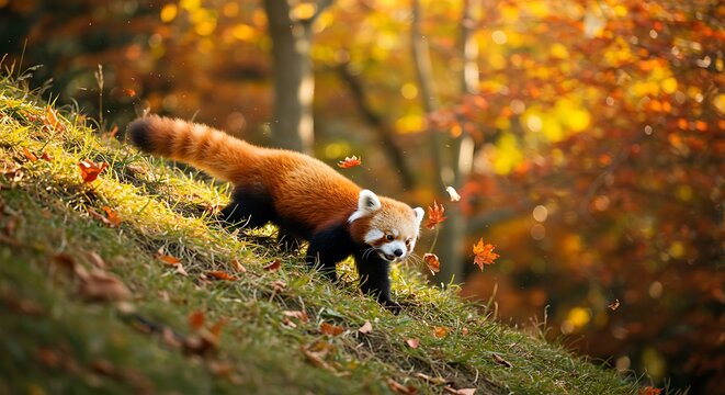 Red panda climbing autumn slope - Powered by Adobe