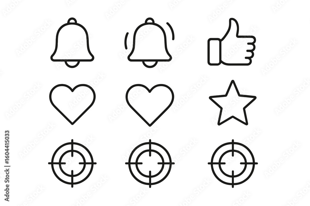 Poster outline icon set for user interface design. vector symbols for social media app. notification bell, 