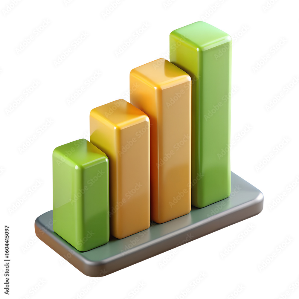 Poster 3d bar chart showing upward growth with green and yellow bars on a grey base symbolizing financial p
