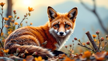 Fototapeta premium in this image, there is a single red fox standing in a field of autumn leaves. the fox has striking blue eyes and is facing towards the left side of the image