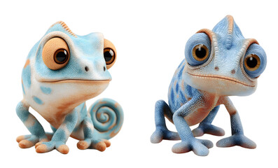 Pack of cute cartoon chameleon figurines. Adorable, plush, blue, animal, mascot, digital art, 3D rendering, character, playful, happy.