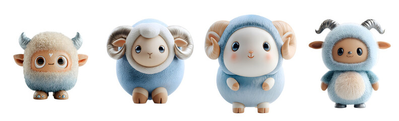 Pack of cute ram plushies stand. Adorable cartoon animals, pastel colors, soft, playful, kawaii style, animal, character, ram, furry, fuzzy, design, mascot