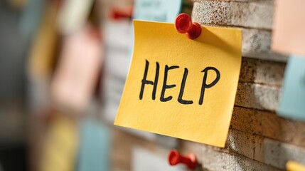 A yellow sticky note with the word "HELP" is pinned to a corkboard with a red pushpin, surrounded by blurred notes.