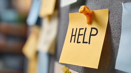 A yellow sticky note with the word "HELP" is pinned prominently on a gray office board, surrounded by other blurred notes.