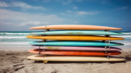 Surfboards stacked on sand ready for Florida surfing session, with gentle waves and a clear blue sky in the background.