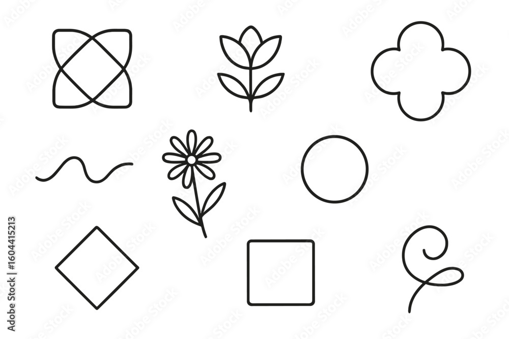 Poster set of minimalist line icons. universal symbols for web and app design. geometric and floral shapes 