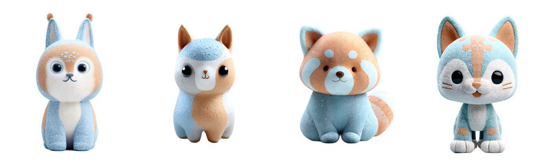 Pack of cute plush toy animals. Cartoon creatures, fluffy, adorable, pastel colors, kawaii style, sweet.