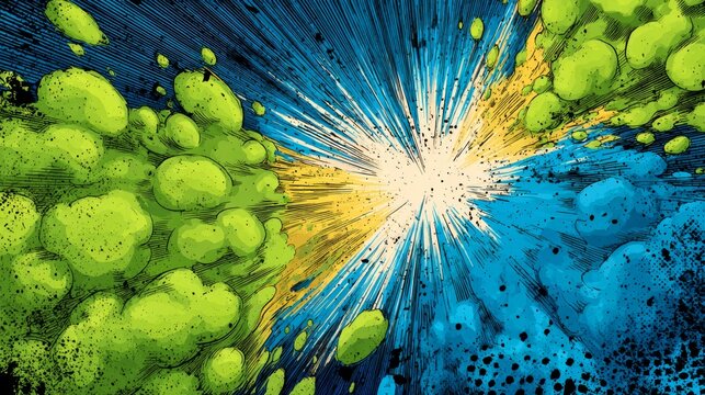 Abstract comic-style explosion background with green and blue color contrast.